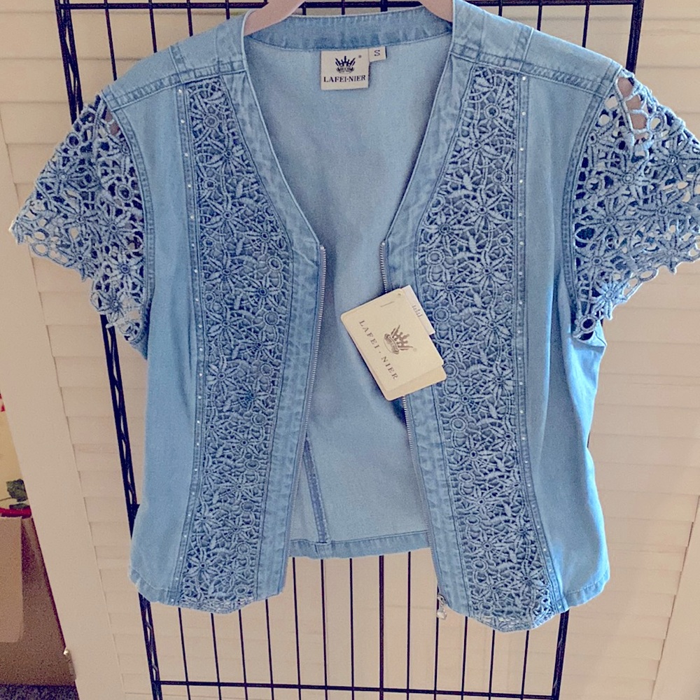 Denim zip up shirt with crochet detailing